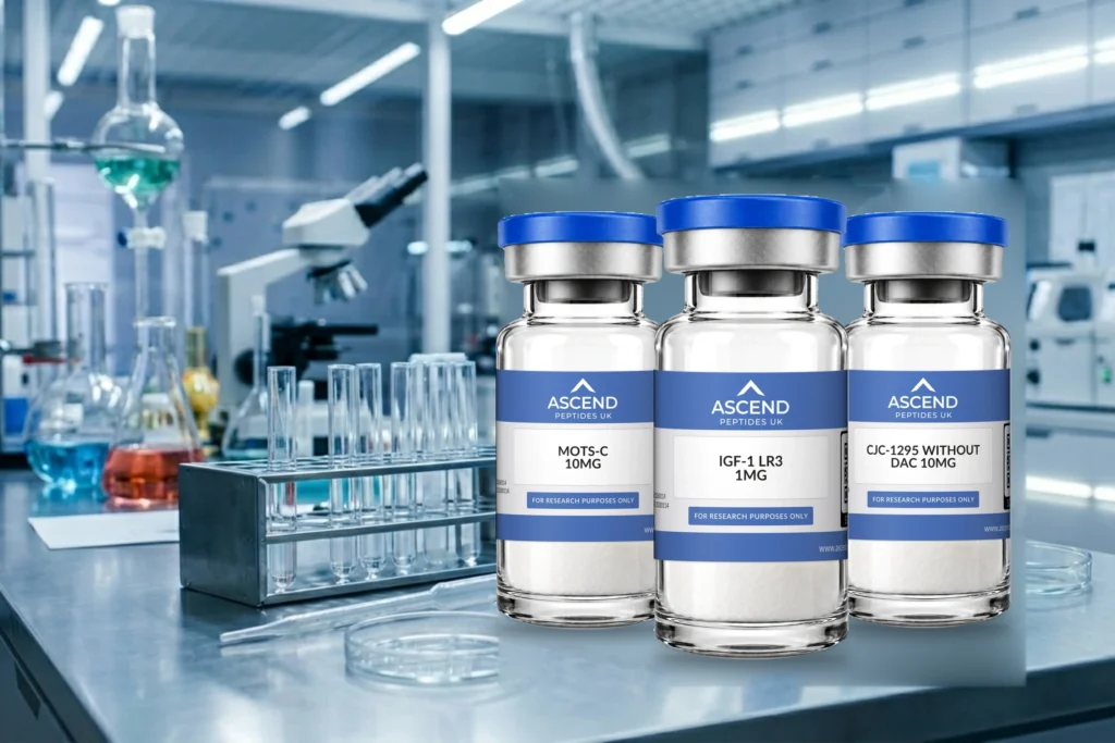 Ascend Peptides UK MOTS-C 10mg, IGF-1 LR3 1mg and CJC-1295 without DAC 10mg vials in a laboratory