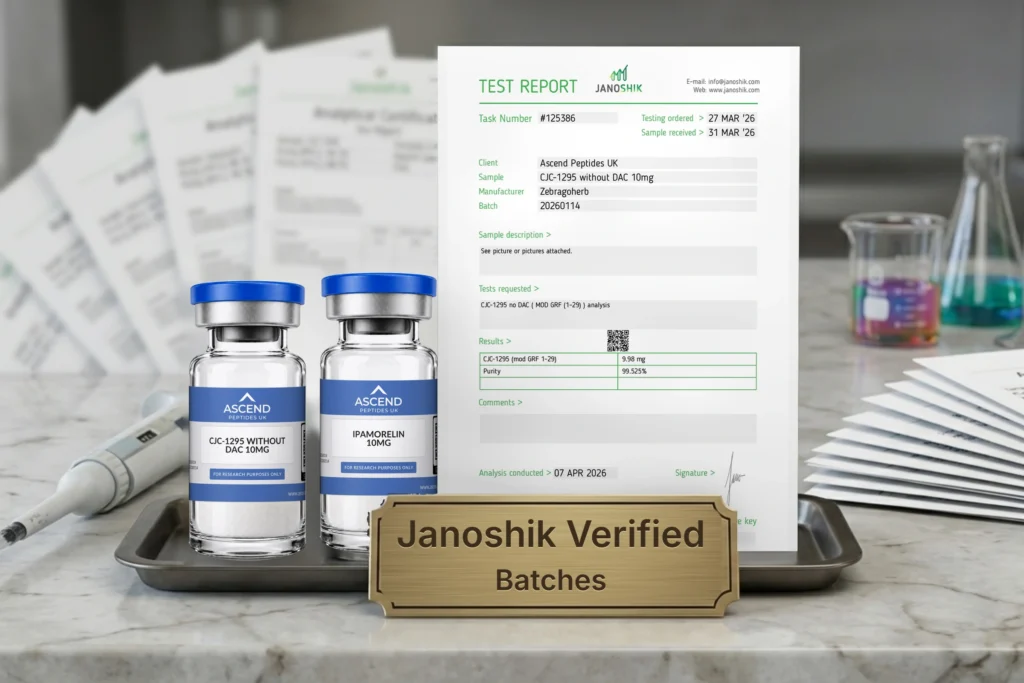 Ascend Peptides UK CJC-1295 without DAC 10mg and Ipamorelin 10mg GH axis vials with the CJC-1295 Janoshik report