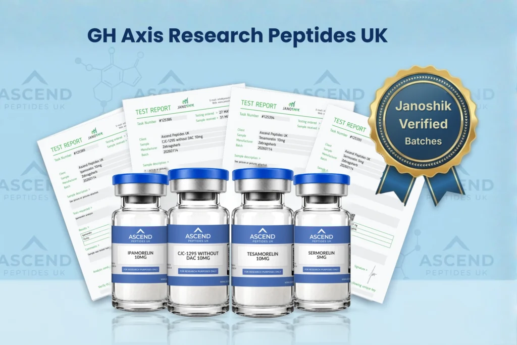 Ascend Peptides UK Ipamorelin, CJC-1295 without DAC, Tesamorelin and Sermorelin GH axis vials with their Janoshik reports
