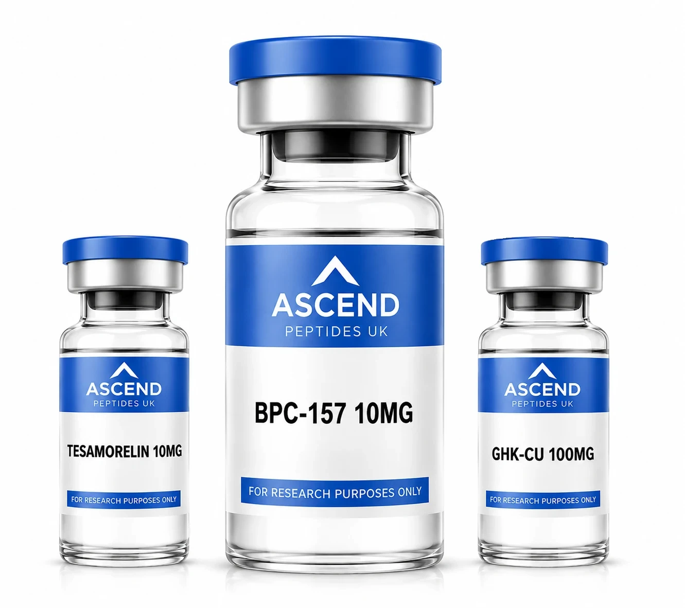 Ascend Peptides UK research vials: Tesamorelin 10mg, BPC-157 10mg and GHK-CU 100mg