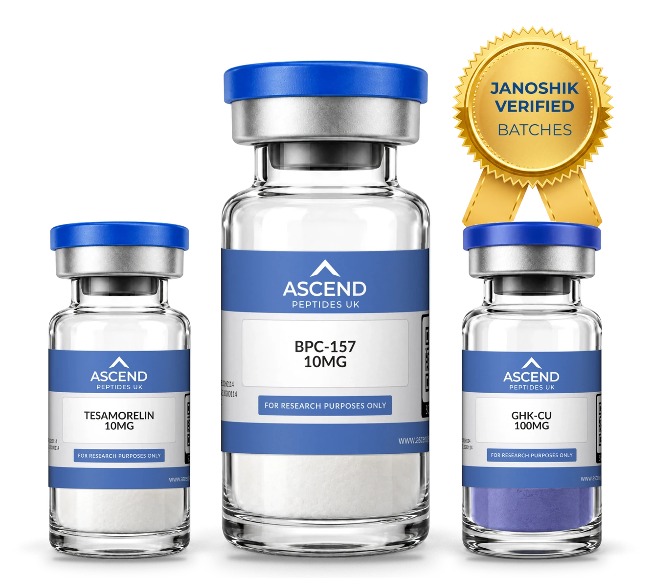 Ascend Peptides UK research vials: Tesamorelin 10mg, BPC-157 10mg and GHK-CU 100mg with Janoshik verified batches seal